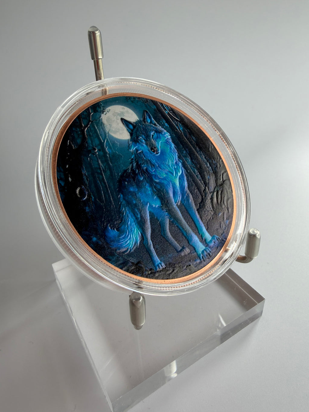5 oz Kupfermünze „Wolf im Mondlicht“ – Sammlerstück mit Farbmotiv