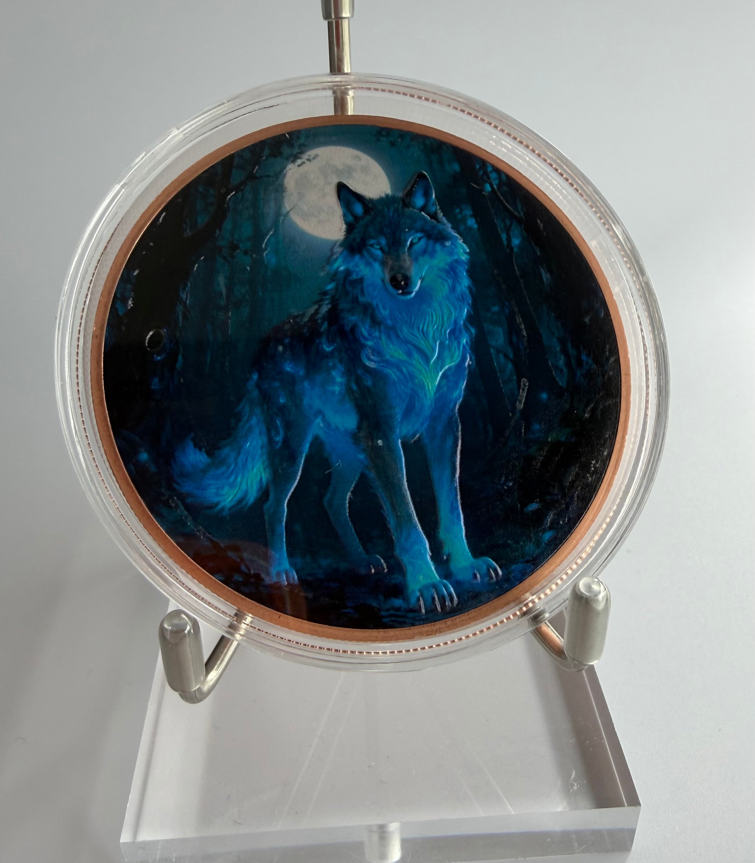 5 oz Kupfermünze „Wolf im Mondlicht“ – Sammlerstück mit Farbmotiv